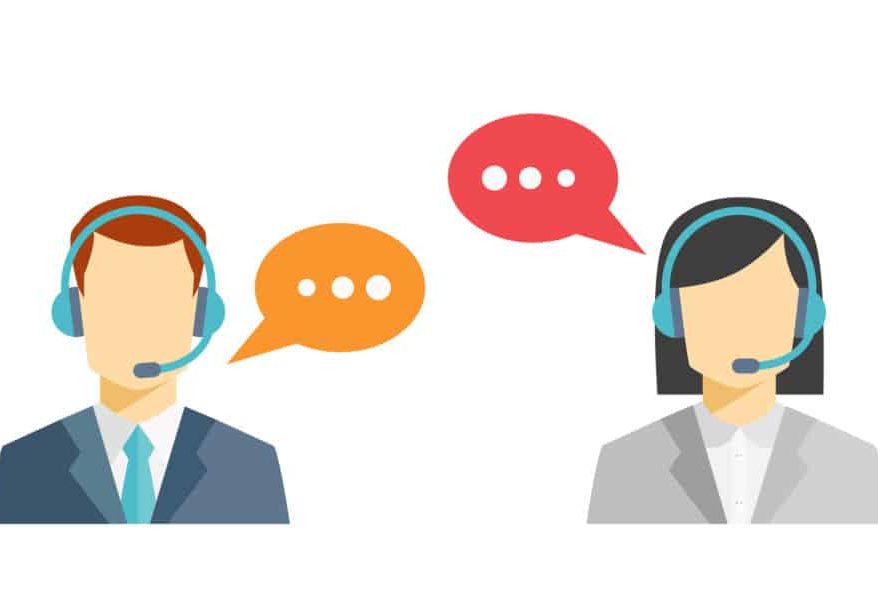 Male and female call center avatar icons with a faceless man and woman wearing headsets with colorful speech bubbles conceptual of client services and communication